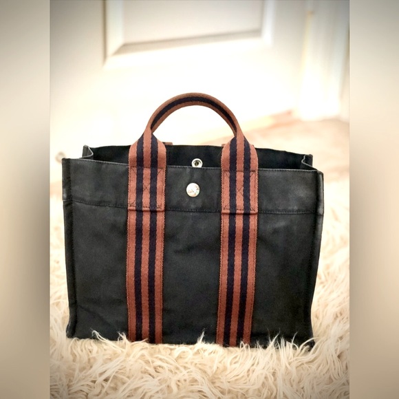Authentic HERMES Navy Blue & Orange Stripe Cotton Canvas Fourre Tout Tote PM Bag - Picture 10 of 10